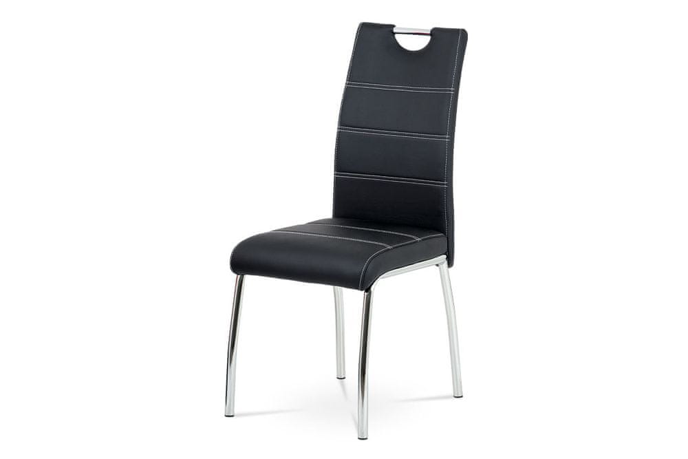 Autronic Jedálenská stolička, poťah čierna ekokoža, biele prešitie, kovová štvornohá chrómovaná HC-484 BK